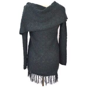 Saks Fifth Ave Fringe Marled Asymmetrical Dark Forest Green Knit Sweater Dress …